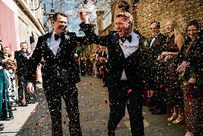 same sex gay wedding wilton’s music hall confetti